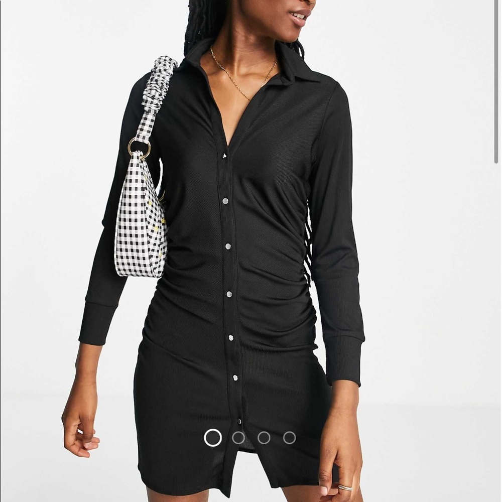 Black Ruched Button Down Dress